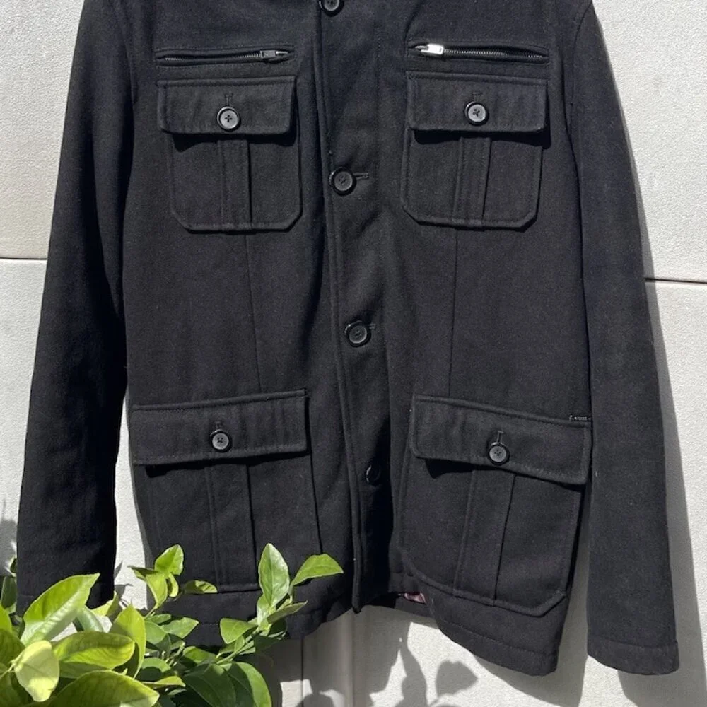 Vintage Guess Men’s Sz L Wool Long Pea Coat Black Full Zip Quilted Lining Hood